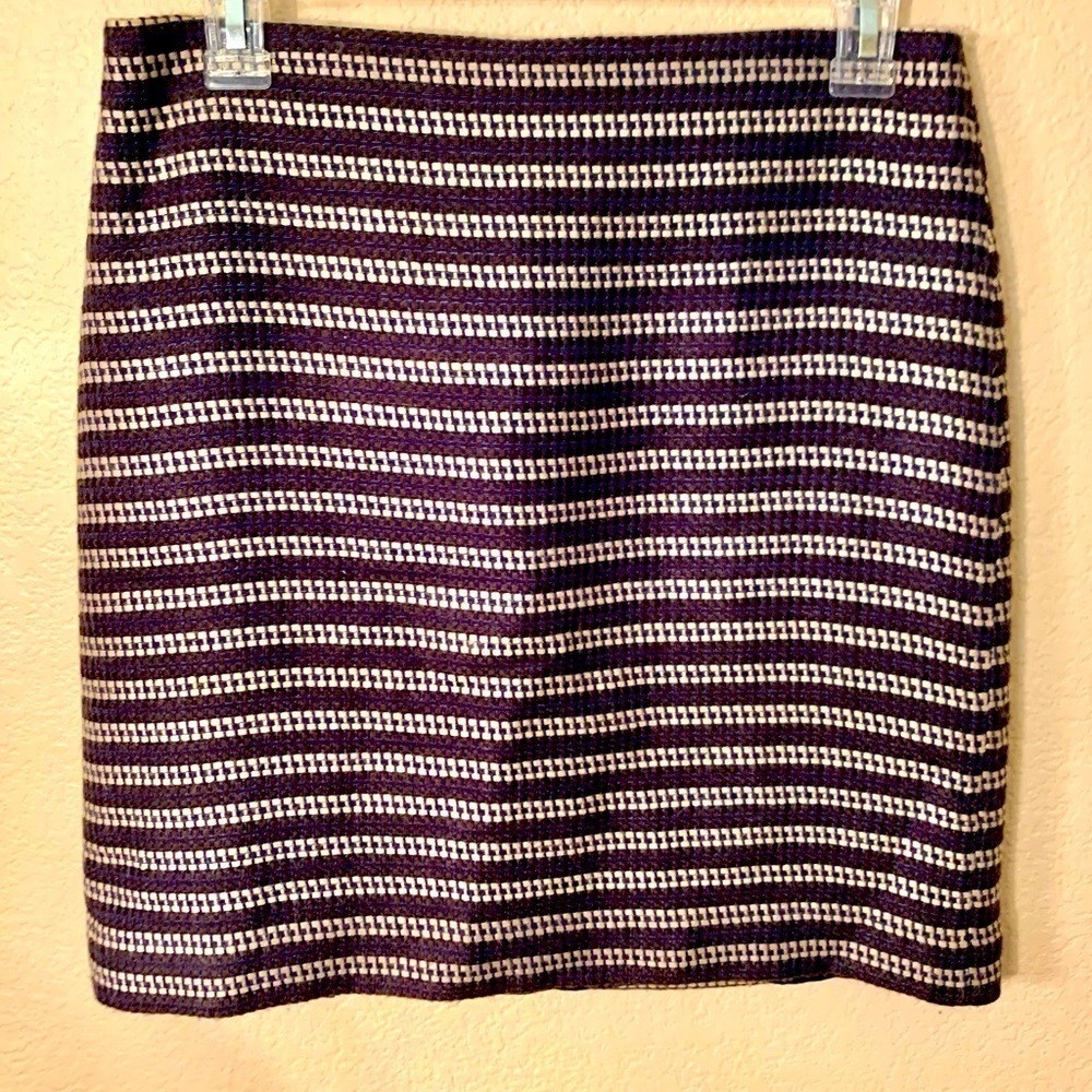 LOFT Mini Skirt Size 2 Blue Tan Black Woven Acrylic Cotton Full Lining Back Zip